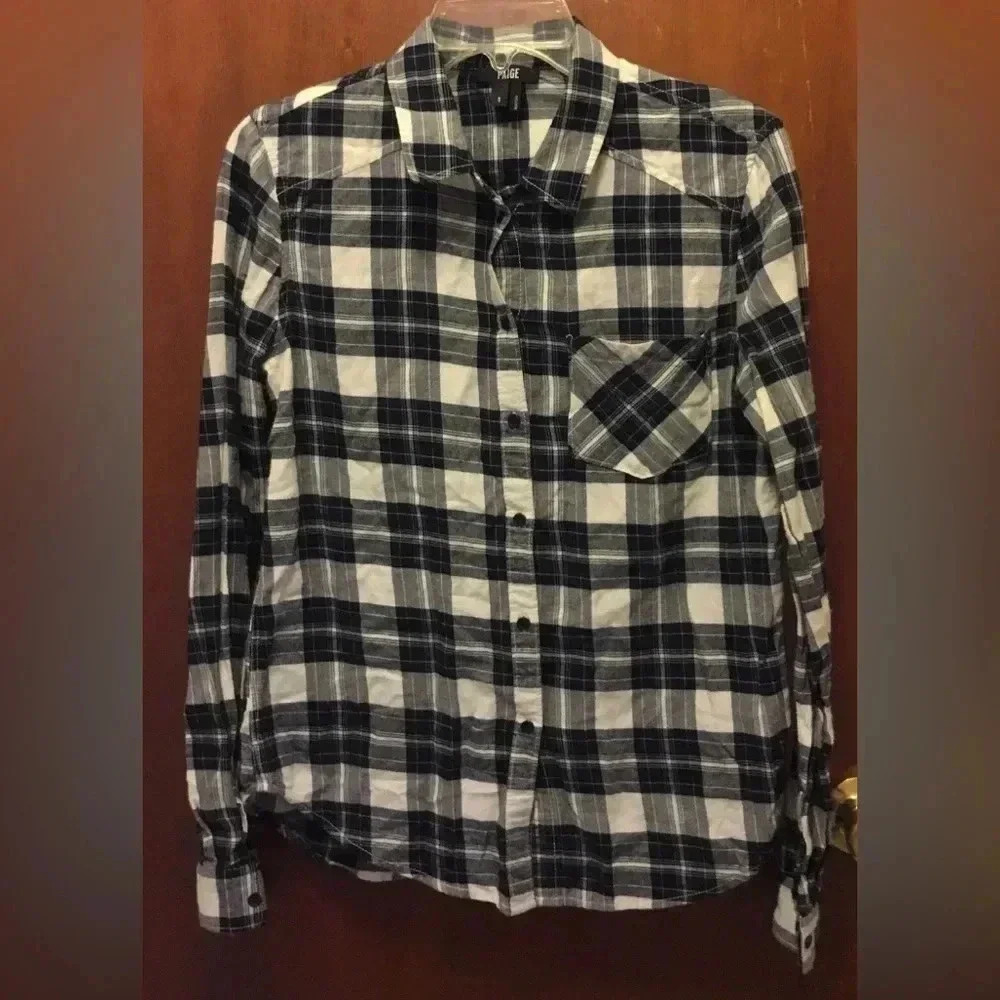 Woman PAIGE DENIM blue Ivory Plaid Button Down Cotton Shirt Sz Small Euc Top